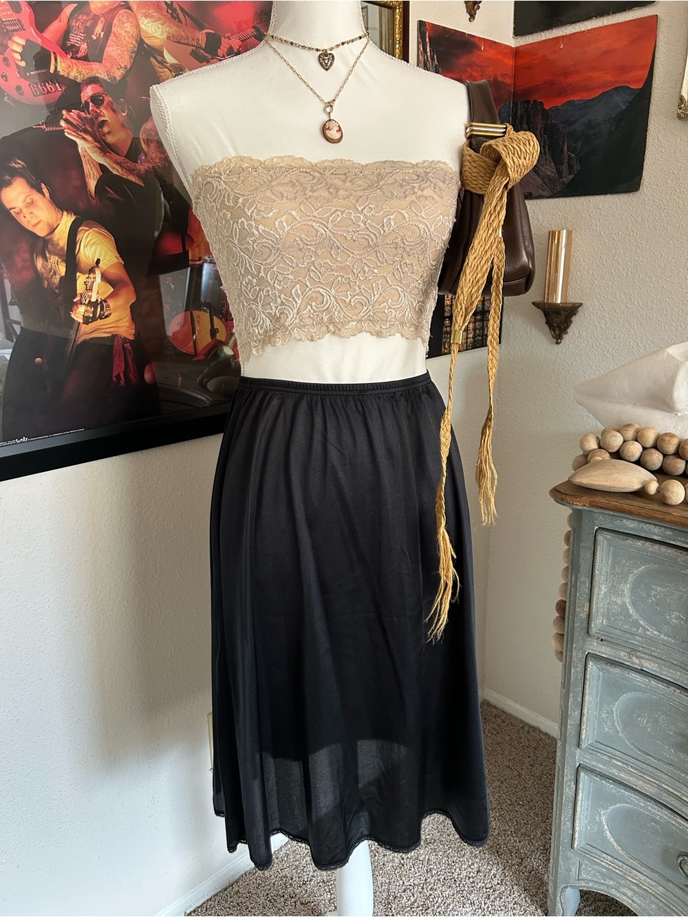 Vintage Satin Slip Skirt Midi Lace Trim Black Dainty Feminine Whimsigoth Y2K 90s